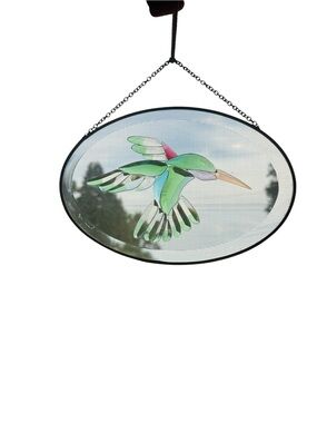Stained Glass Hummingbird Suncatcher Window Panel - Green and Pink Accent
